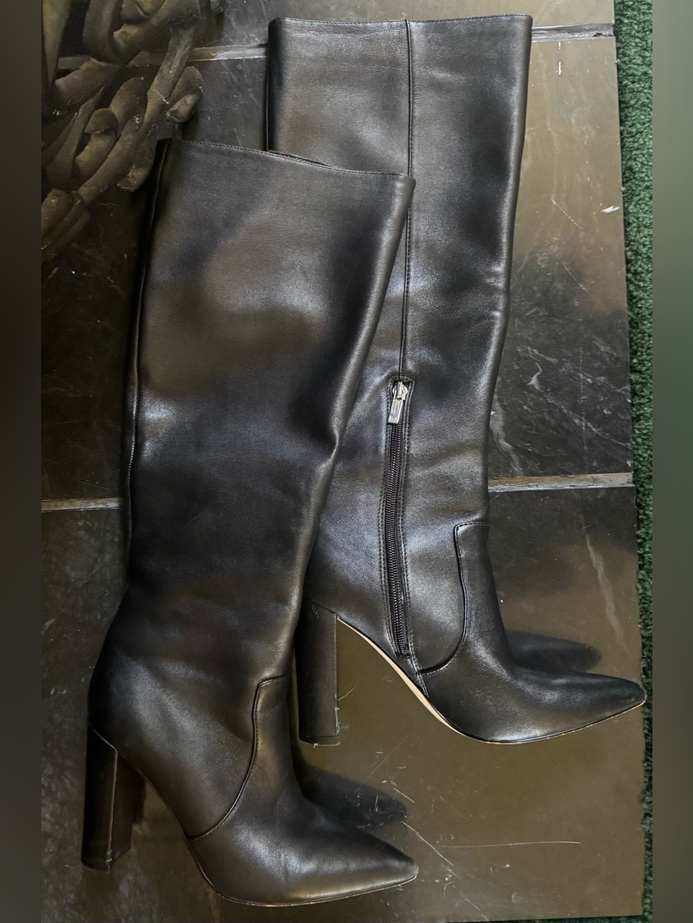 Marc Fisher Black Leather Knee-High Block Heel Boots